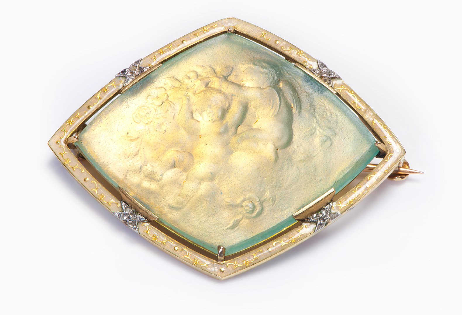 Antique Laillet Gold Enamel Iridescent Glass Cherub Brooch