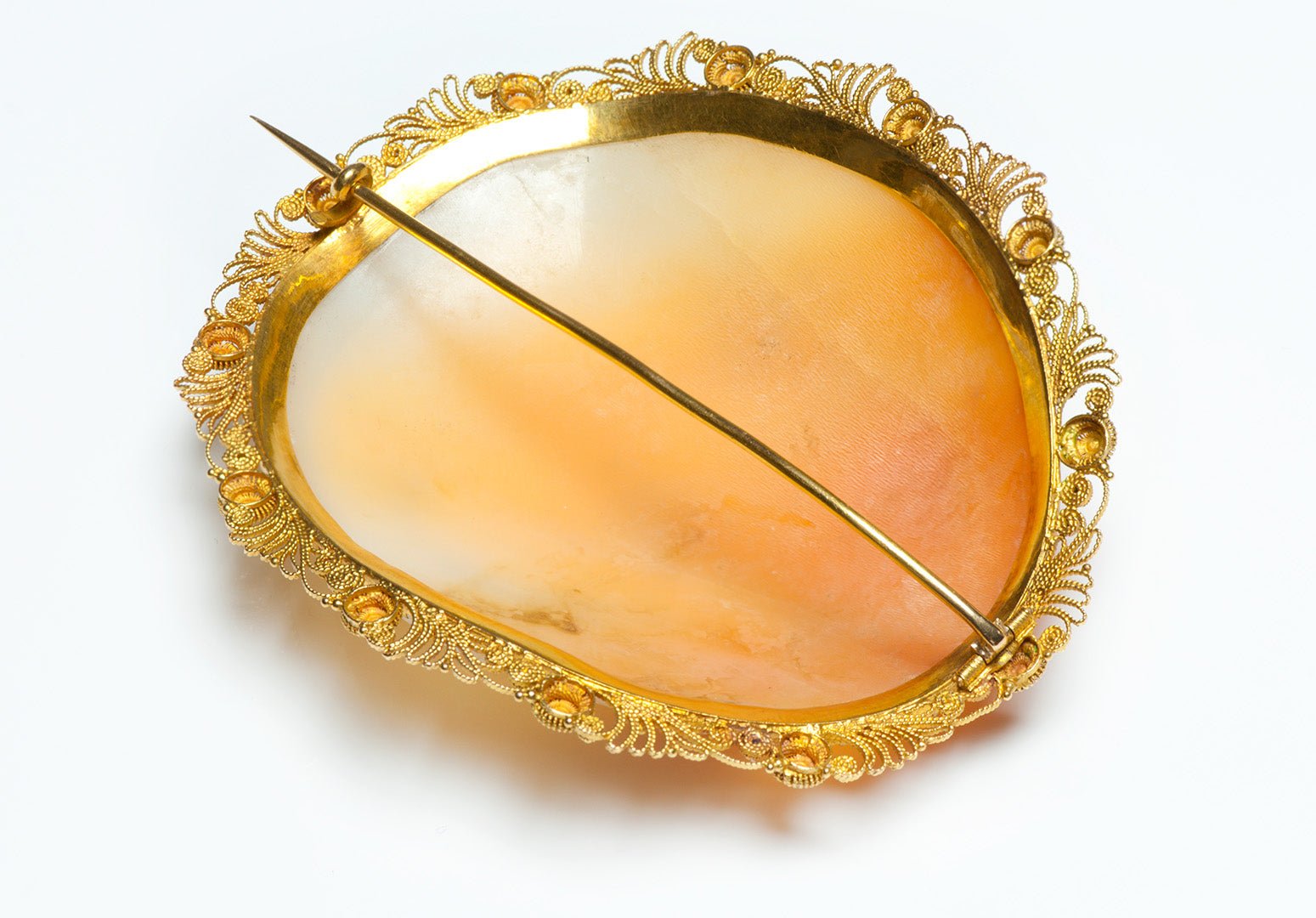 Antique Large Shell Filigree Gold Cameo Lady Brooch