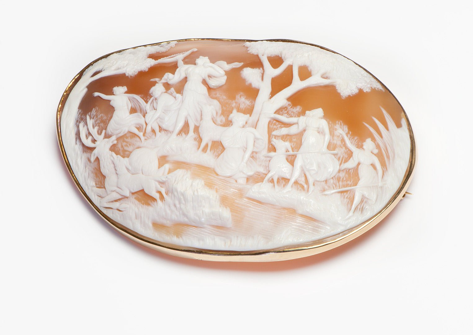 Antique Lebolt & Co. Gold Cameo Brooch of Artemis Hunting