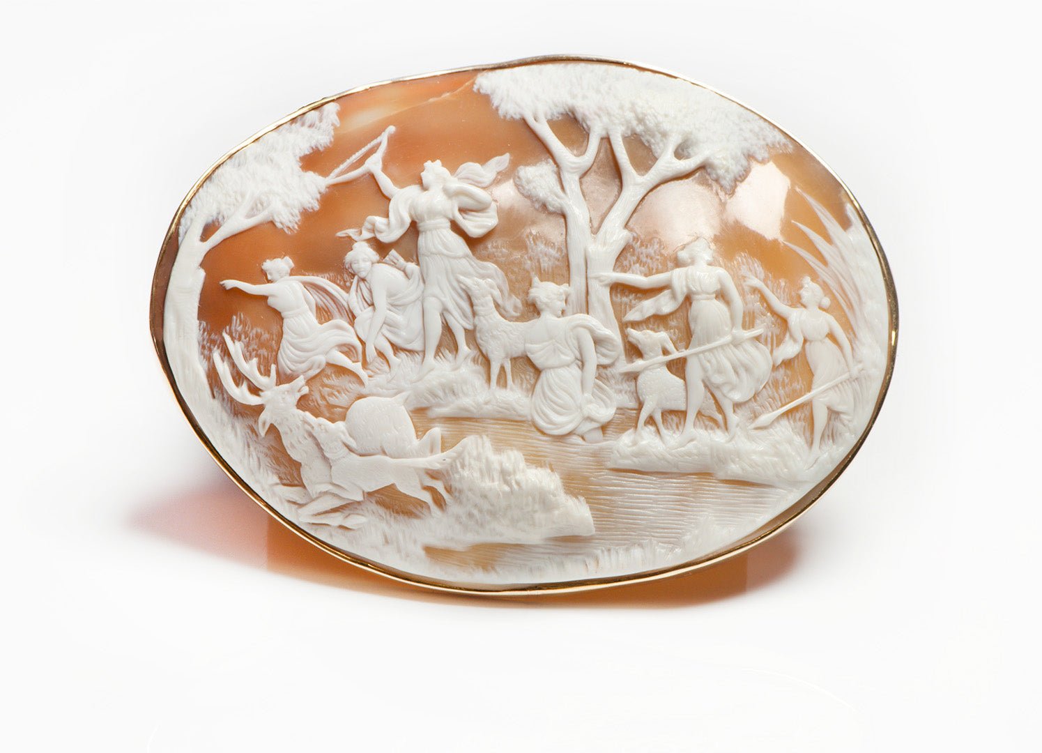 Antique Lebolt & Co. Gold Cameo Brooch of Artemis Hunting