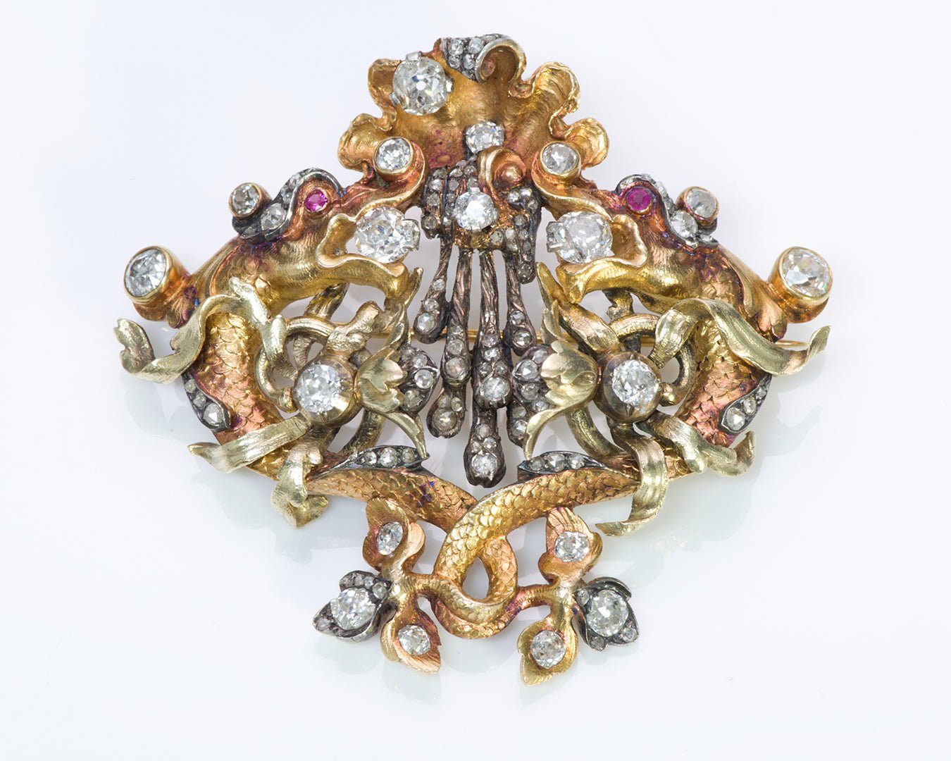Antique Leitão & Irmão 18K Gold Ruby Diamond Brooch