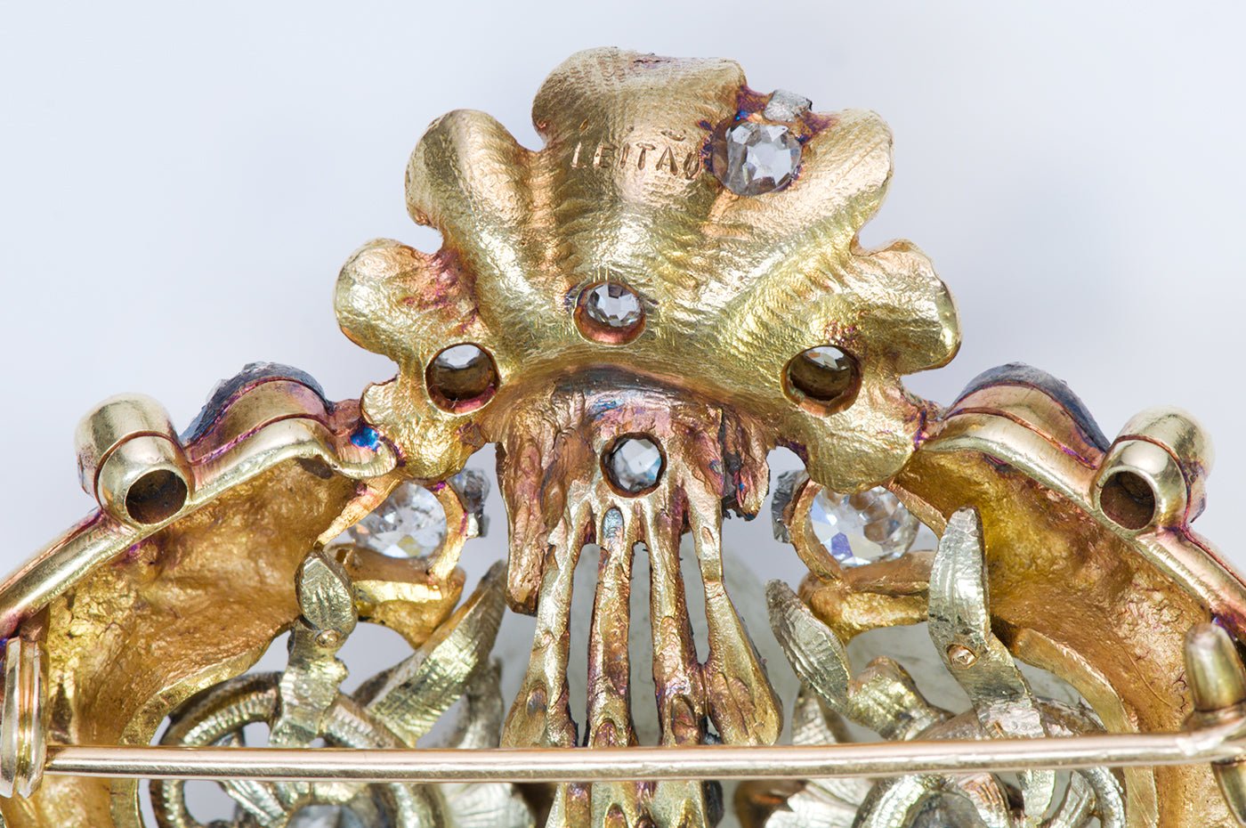 Antique Leitão & Irmão 18K Gold Ruby Diamond Brooch
