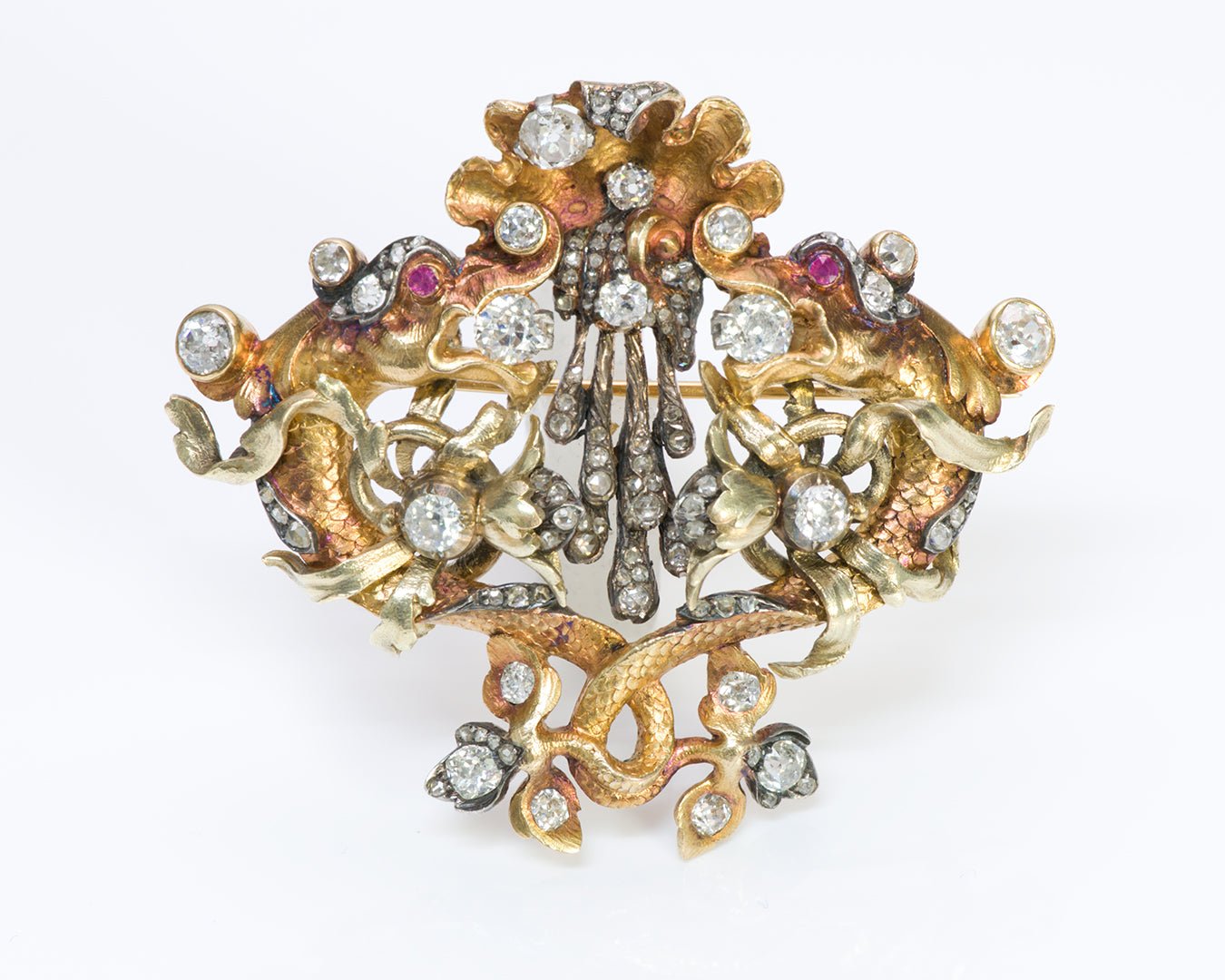 Antique Leitão & Irmão 18K Gold Ruby Diamond Brooch