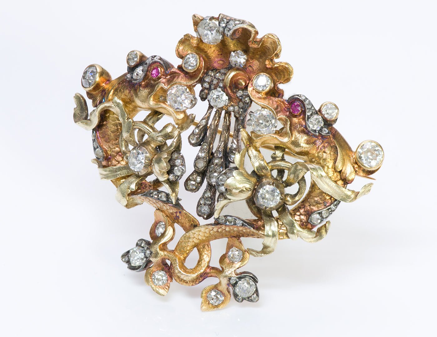 Antique Leitão & Irmão 18K Gold Ruby Diamond Brooch