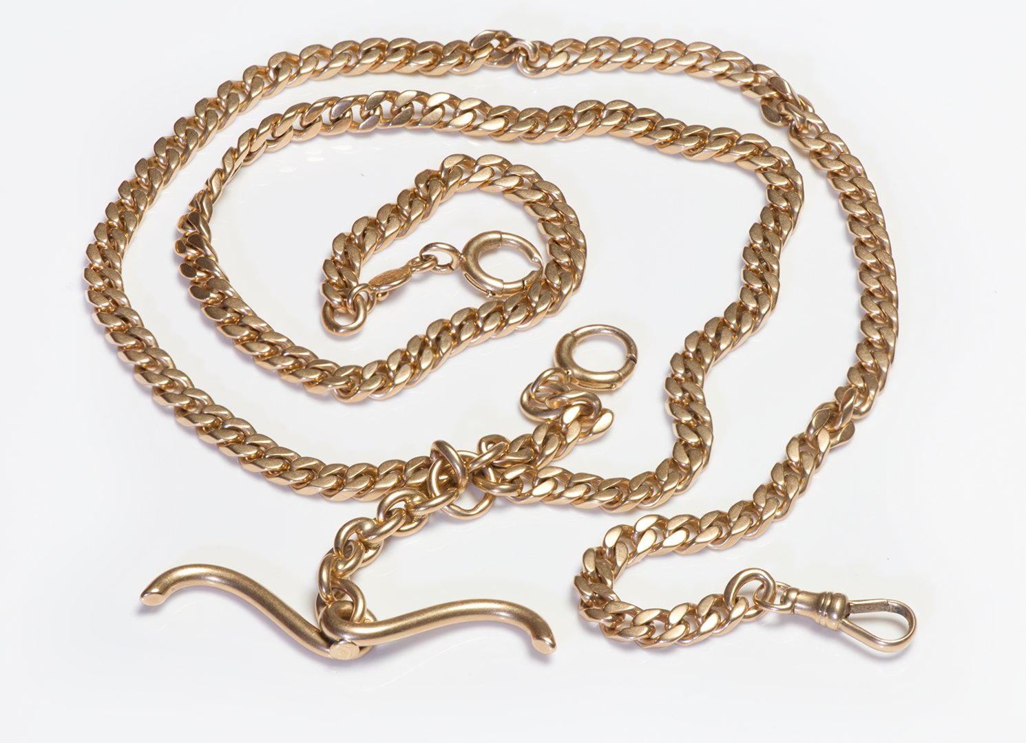 Antique Long Gold Link Fob Watch Chain & Bar