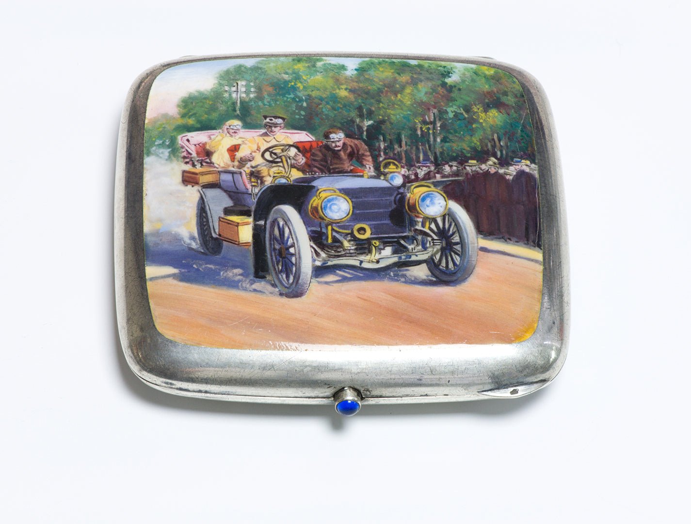 Antique Louis Kuppenheim Silver Enamel Sapphire Car Cigarette Case