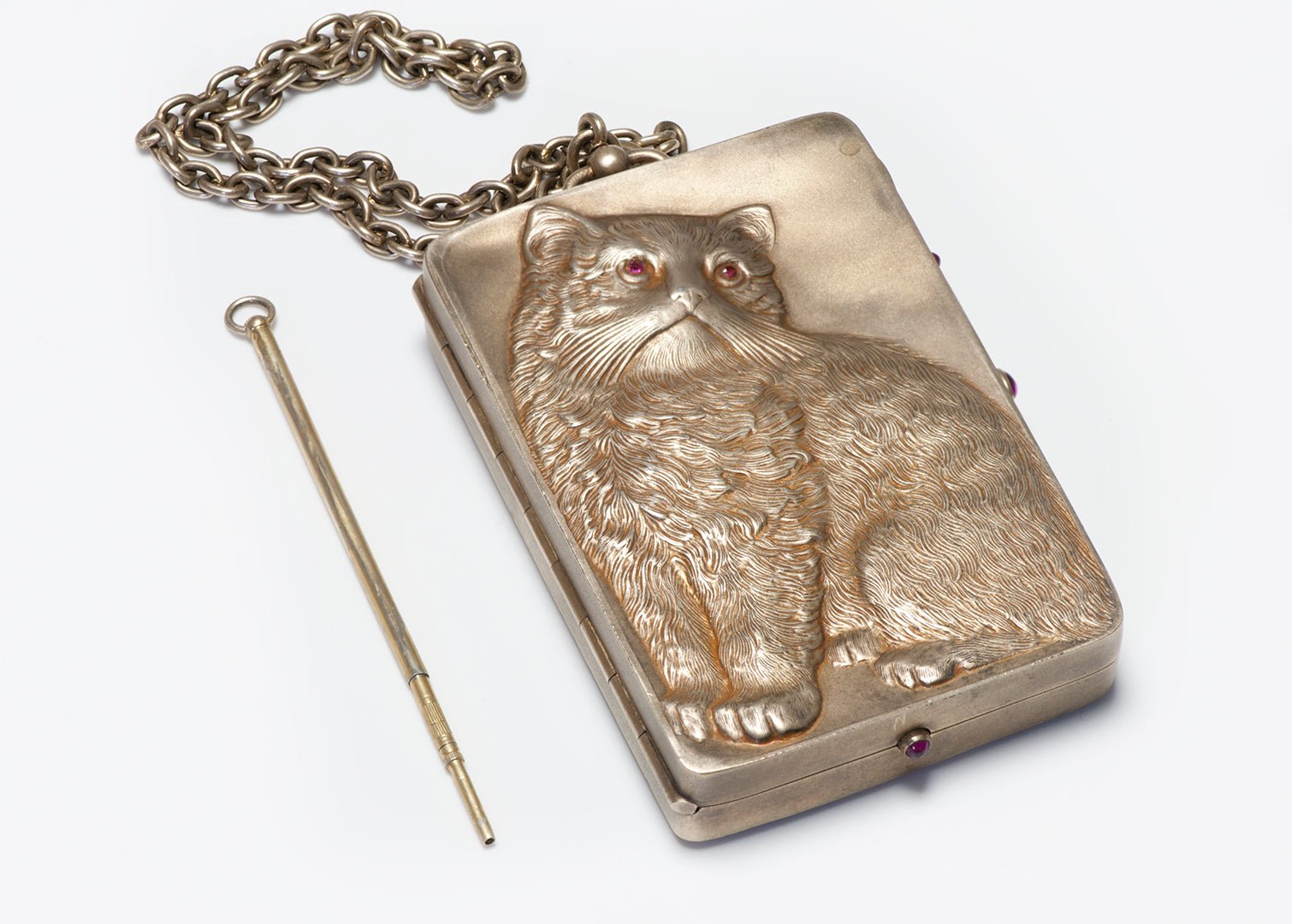 Antique Louis Kuppenheim Silver Gilt Kitty Cat Ruby Compact and Chain