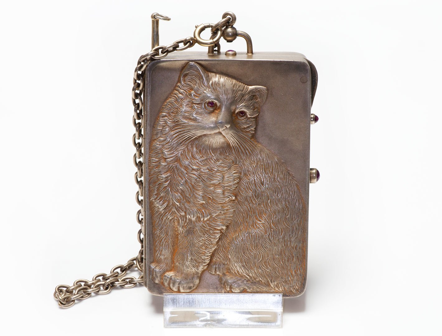 Antique Louis Kuppenheim Silver Gilt Kitty Cat Ruby Compact and Chain