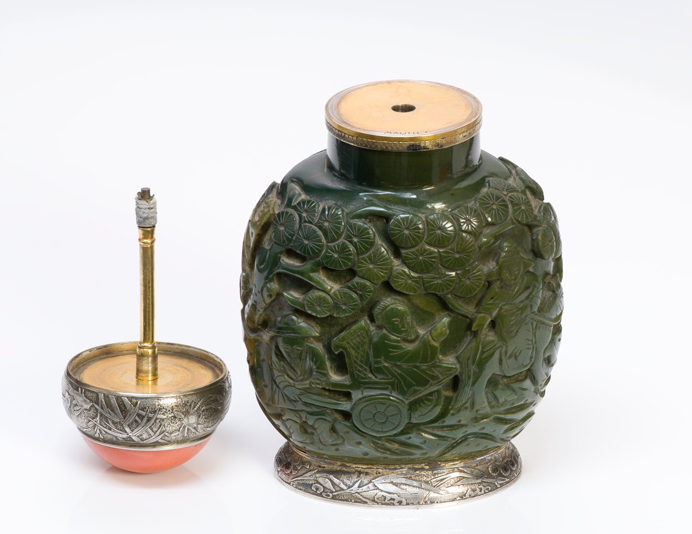 Antique Maison Maquet Jade Coral Silver Snuff Bottle Lighter
