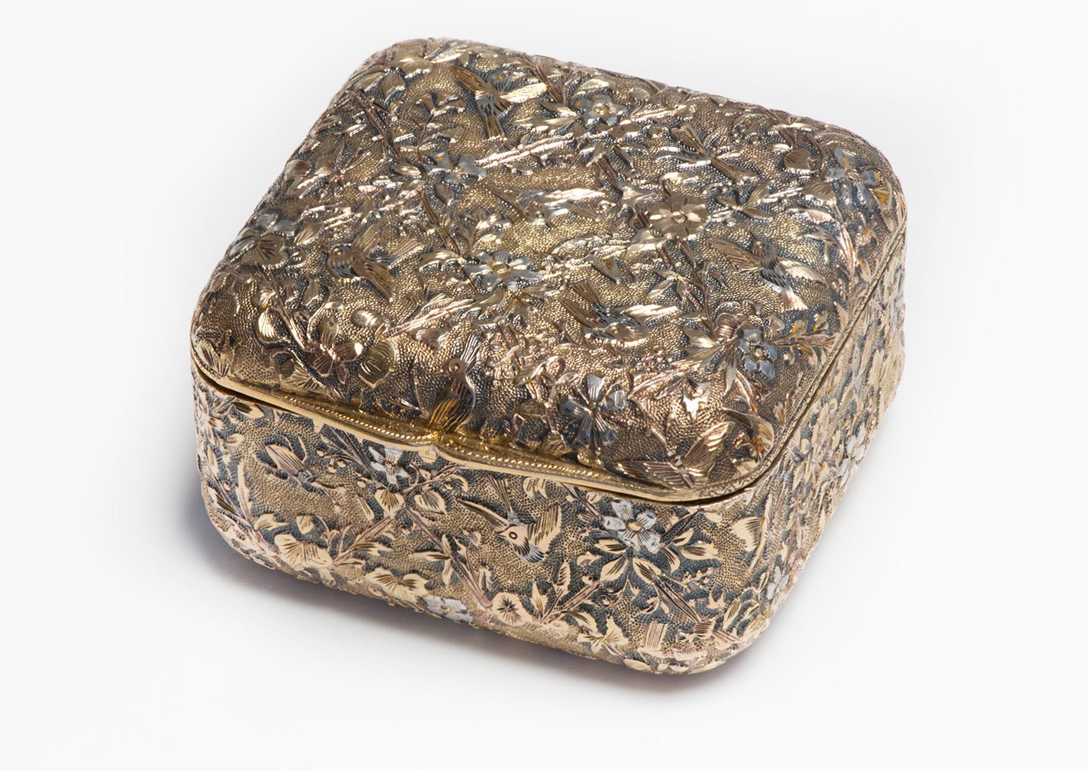 Antique Mixed Metal Bird Flower Motif Box