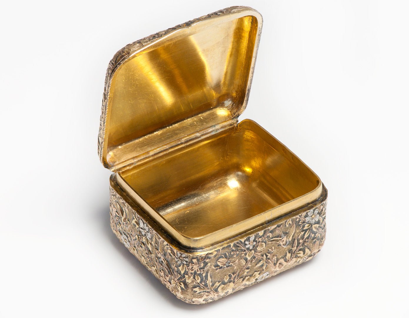 Antique Mixed Metal Bird Flower Motif Box
