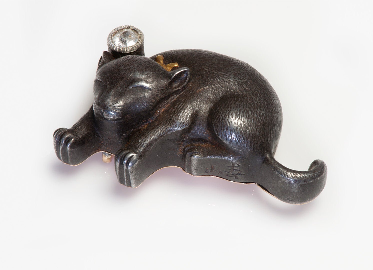Antique Mixed Metal Japanese Cat Diamond Pendant with Ribbon Attachment