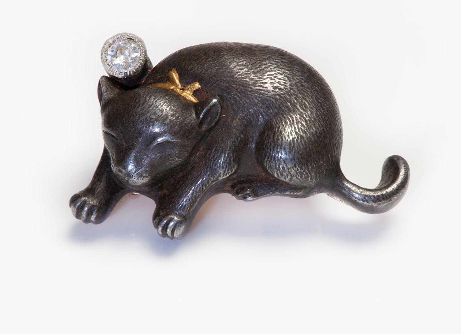 Antique Mixed Metal Japanese Cat Diamond Pendant with Ribbon Attachment