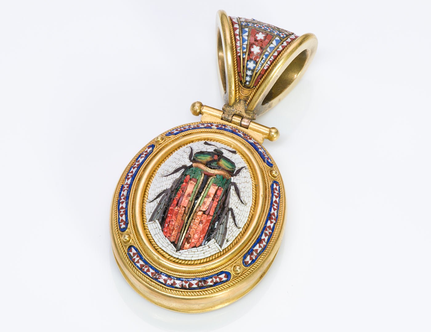 Antique Mosaic Scarab Beetle 18K Gold Locket Pendant Egyptian Revival