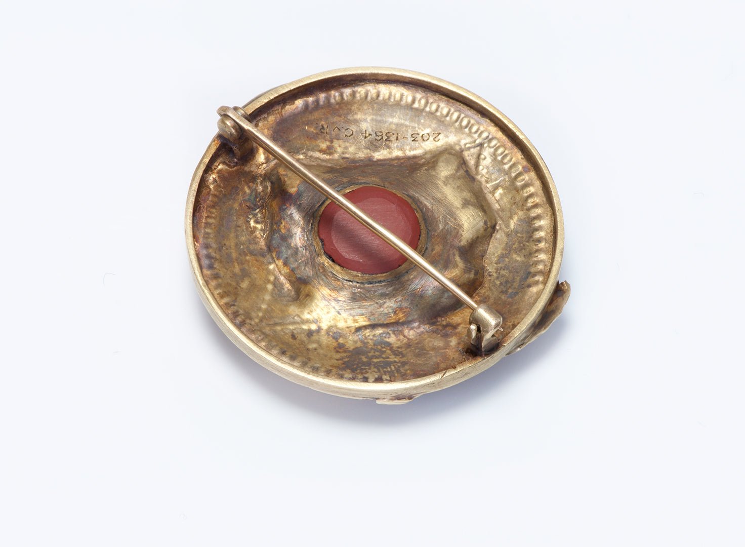 Antique Native American Indian Chief Gold Carved Stone Brooch