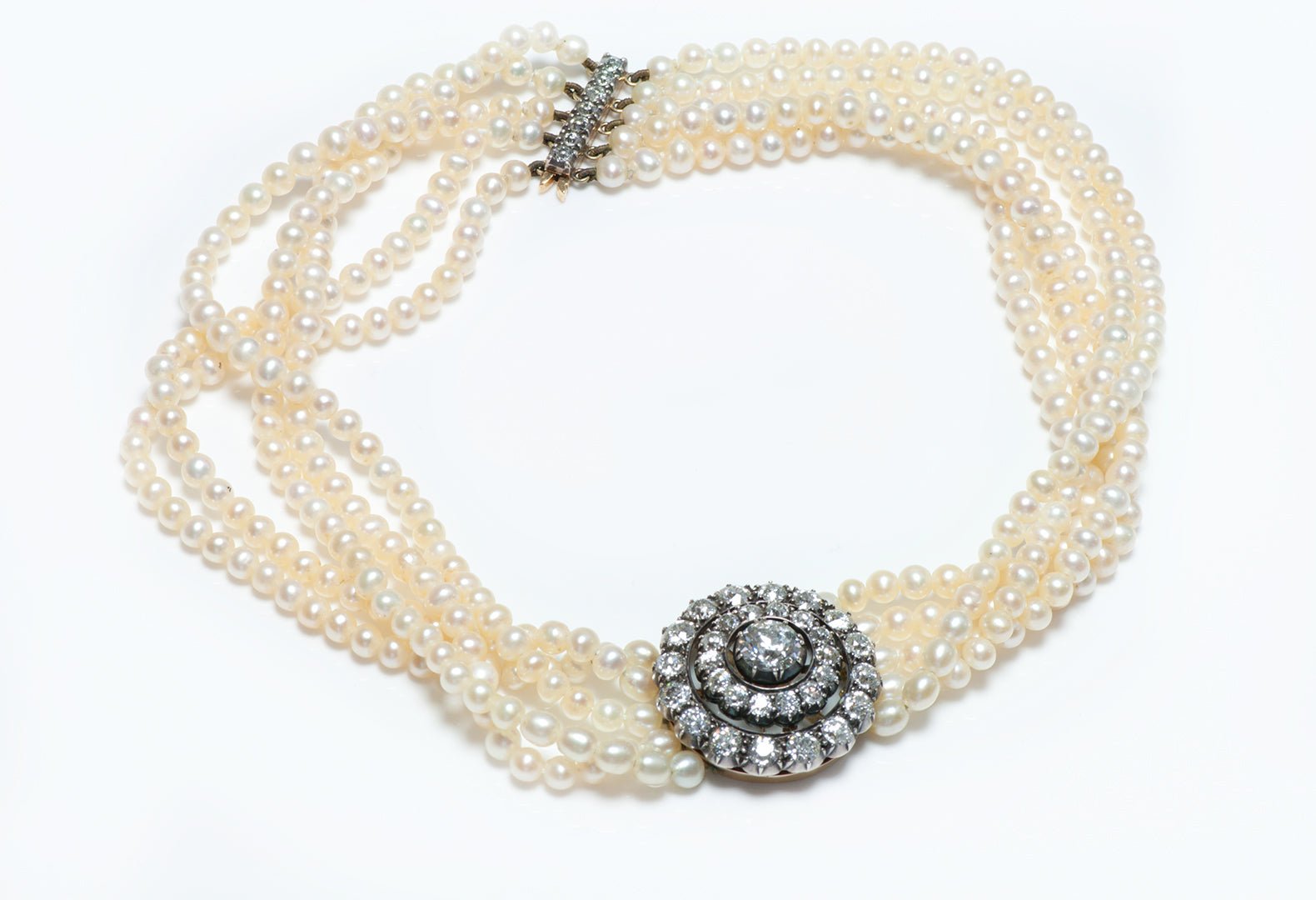 Antique Old Mine Cut Diamond Pearl Necklace