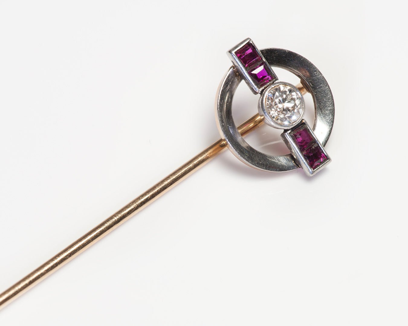 Antique Old Mine Cut Diamond Ruby Gold Stick Pin