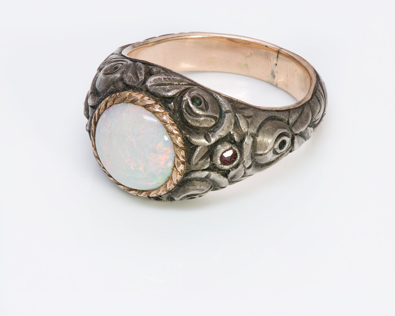 Antique Opal Carved Silver Gold Men's Ring