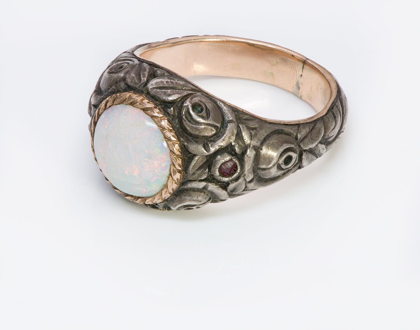 Antique Opal Carved Silver Gold Men's Ring