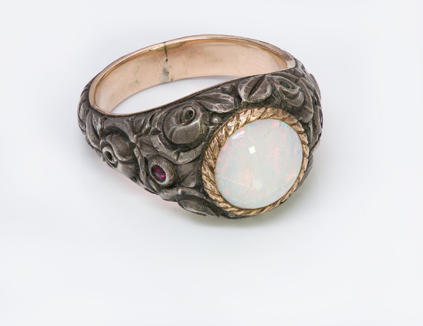 Antique Opal Carved Silver Gold Men's Ring