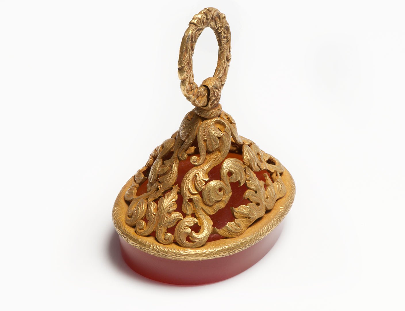 Antique Phenomenal Carved Gold Carnelian Crest Seal Fob