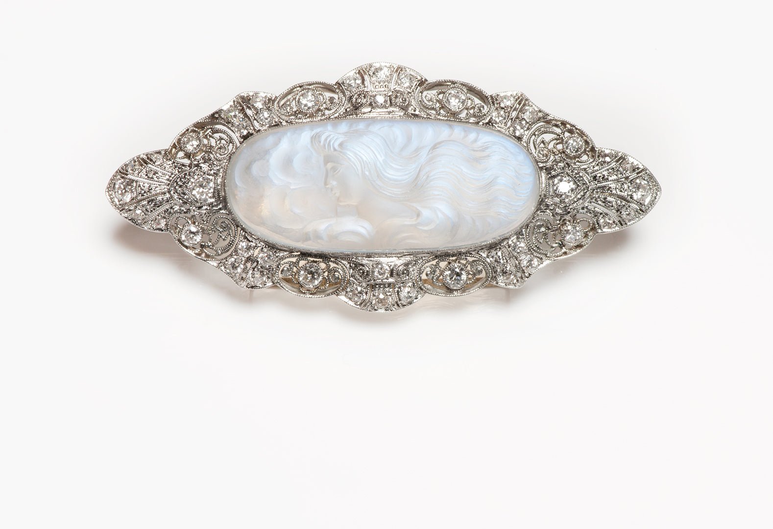 Antique Platinum Carved Moonstone Brooch