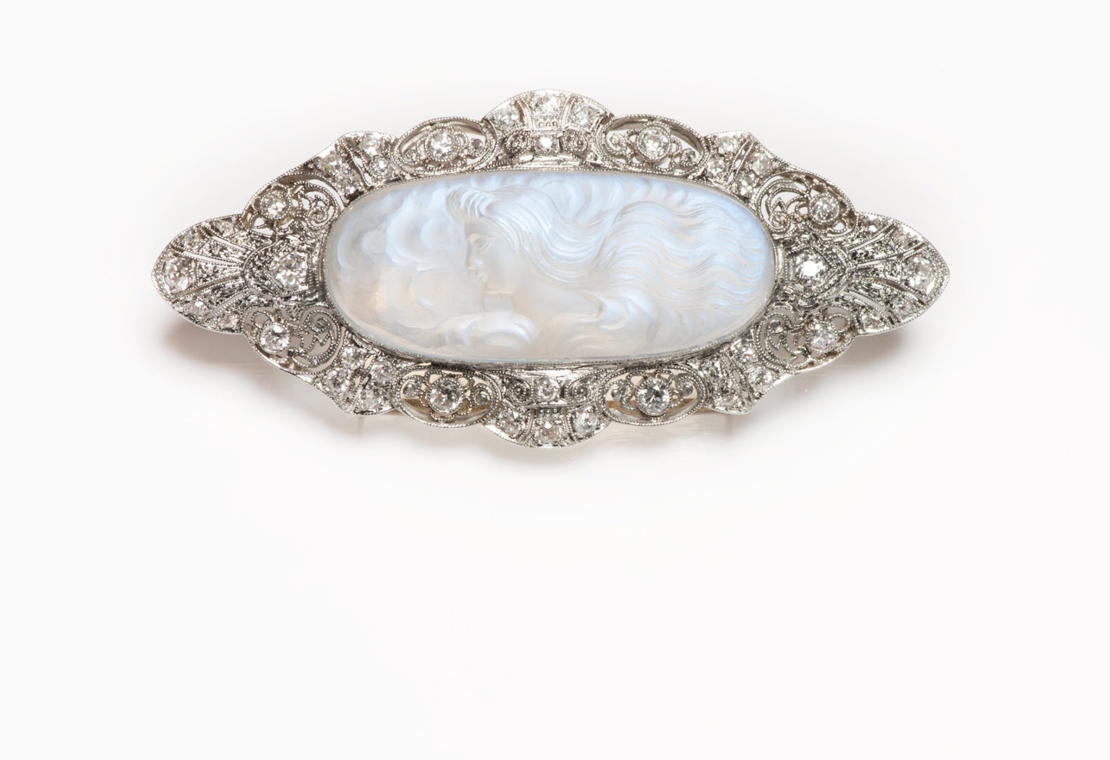 Antique Platinum Carved Moonstone Brooch