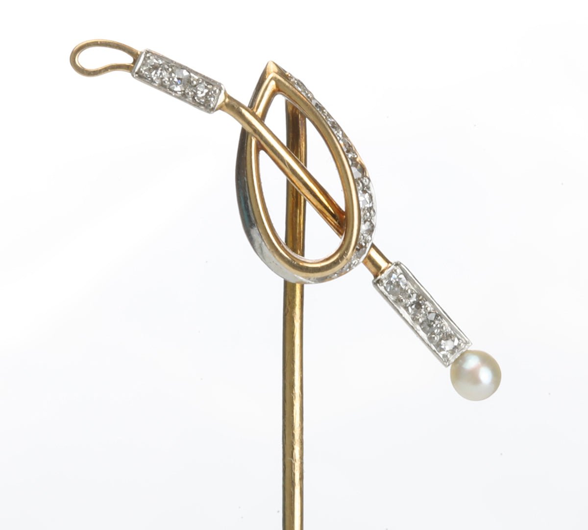 Antique Platinum Gold Diamond Pearl Riding Crop Stick Pin