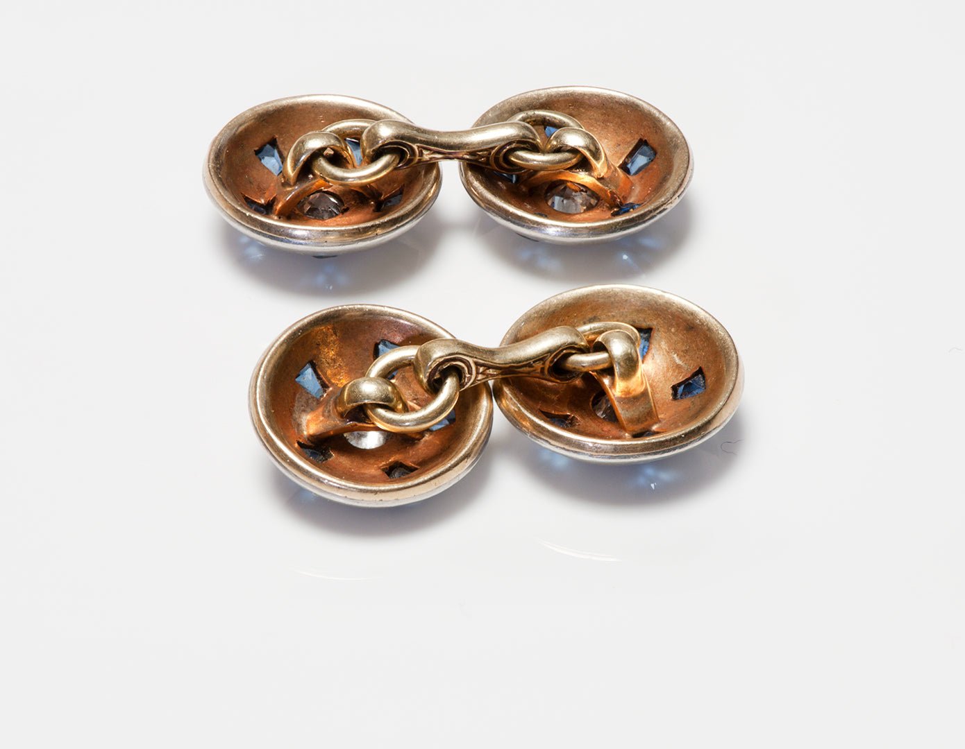 Antique Platinum Gold Old Mine Cut Diamond & Sapphire Cufflinks
