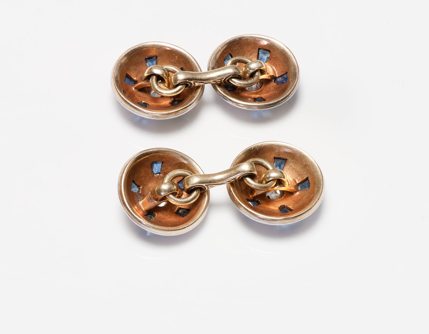 Antique Platinum Gold Old Mine Cut Diamond & Sapphire Cufflinks