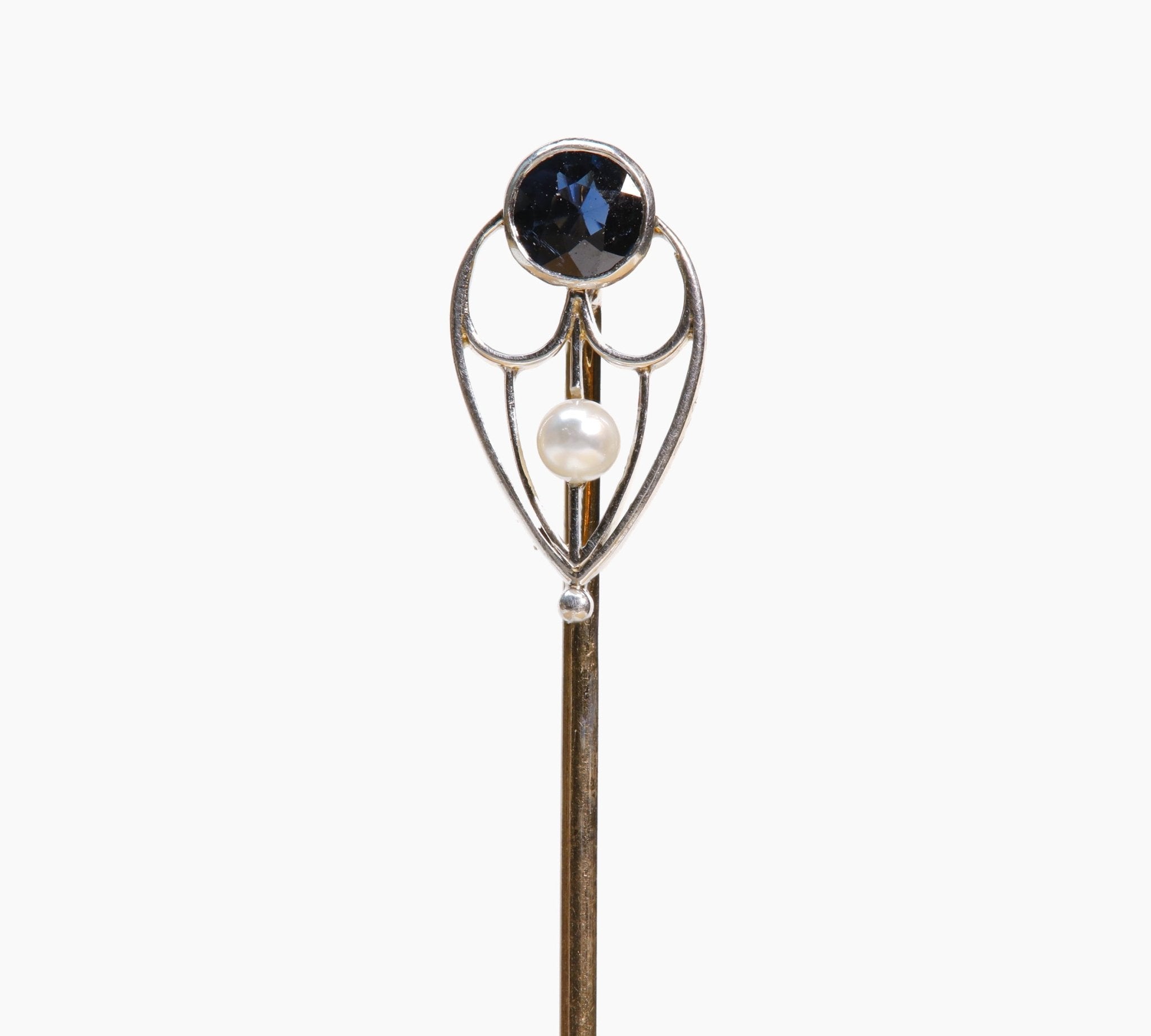 Antique Platinum Gold Sapphire Pearl Stick Pin