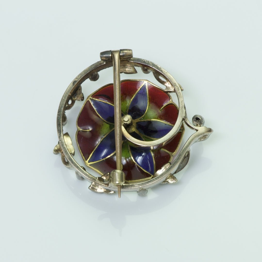 Antique Plique a Jour Flower Diamond Brooch