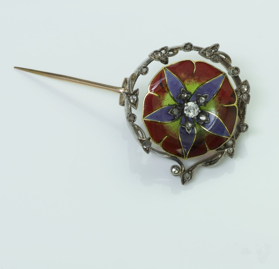 Antique Plique a Jour Flower Diamond Brooch