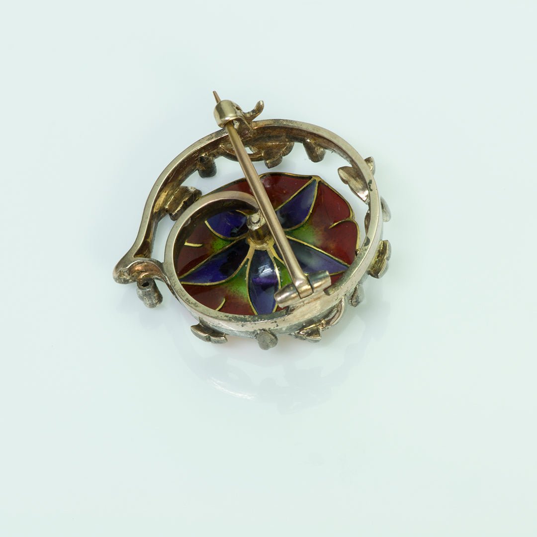 Antique Plique a Jour Flower Diamond Brooch
