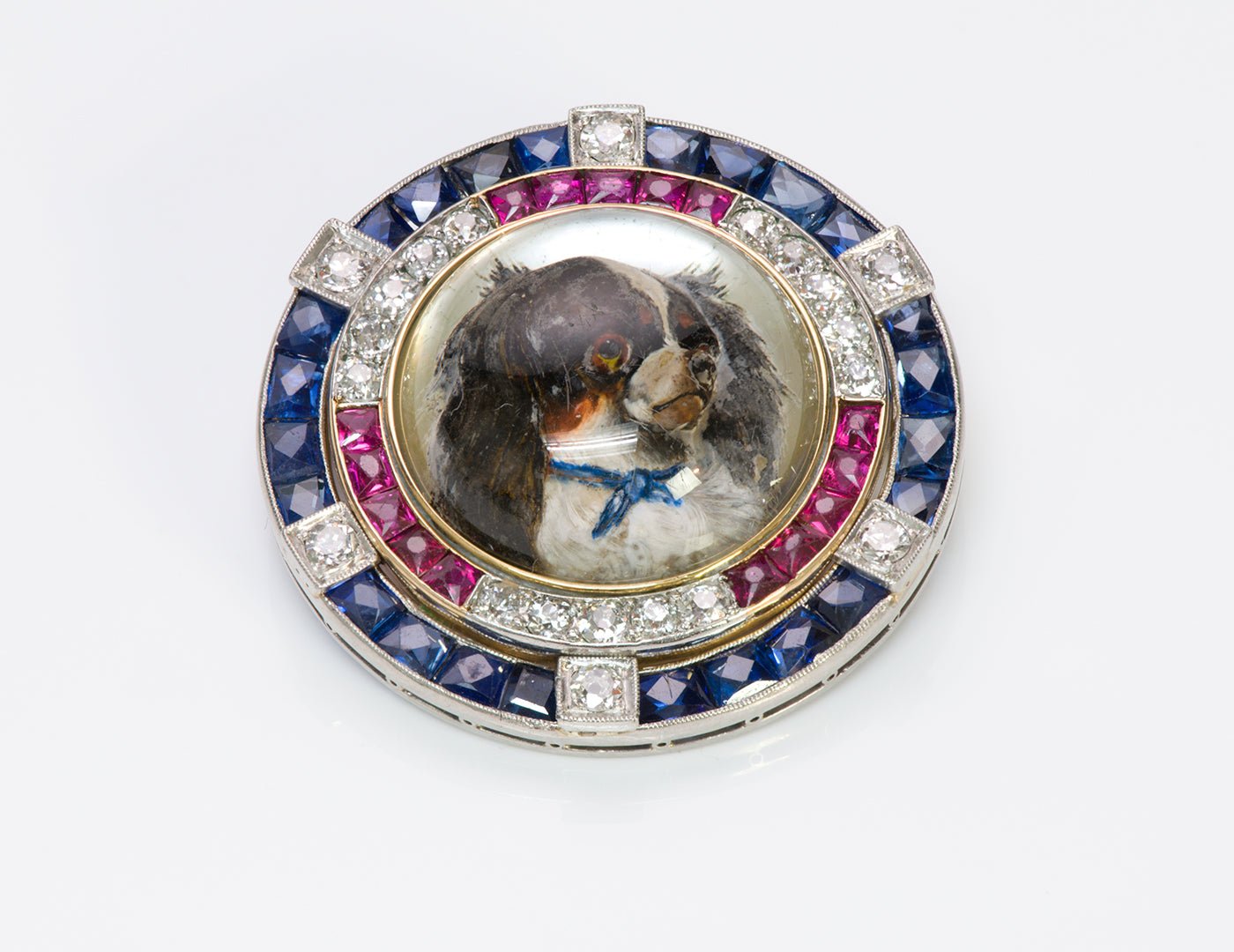 Antique Reverse Crystal Platinum Gold Ruby Sapphire Diamond Dog Brooch