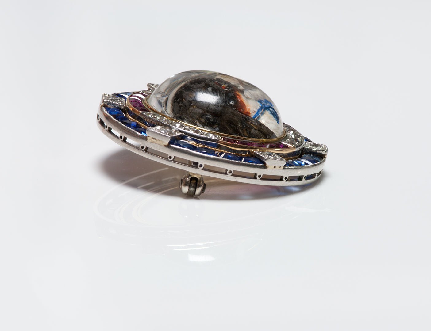 Antique Reverse Crystal Platinum Gold Ruby Sapphire Diamond Dog Brooch
