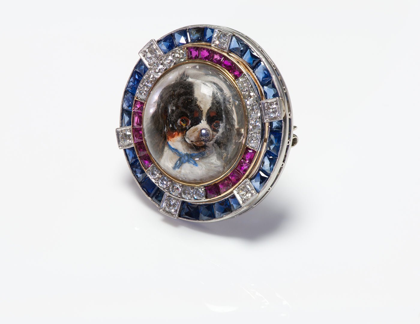 Antique Reverse Crystal Platinum Gold Ruby Sapphire Diamond Dog Brooch