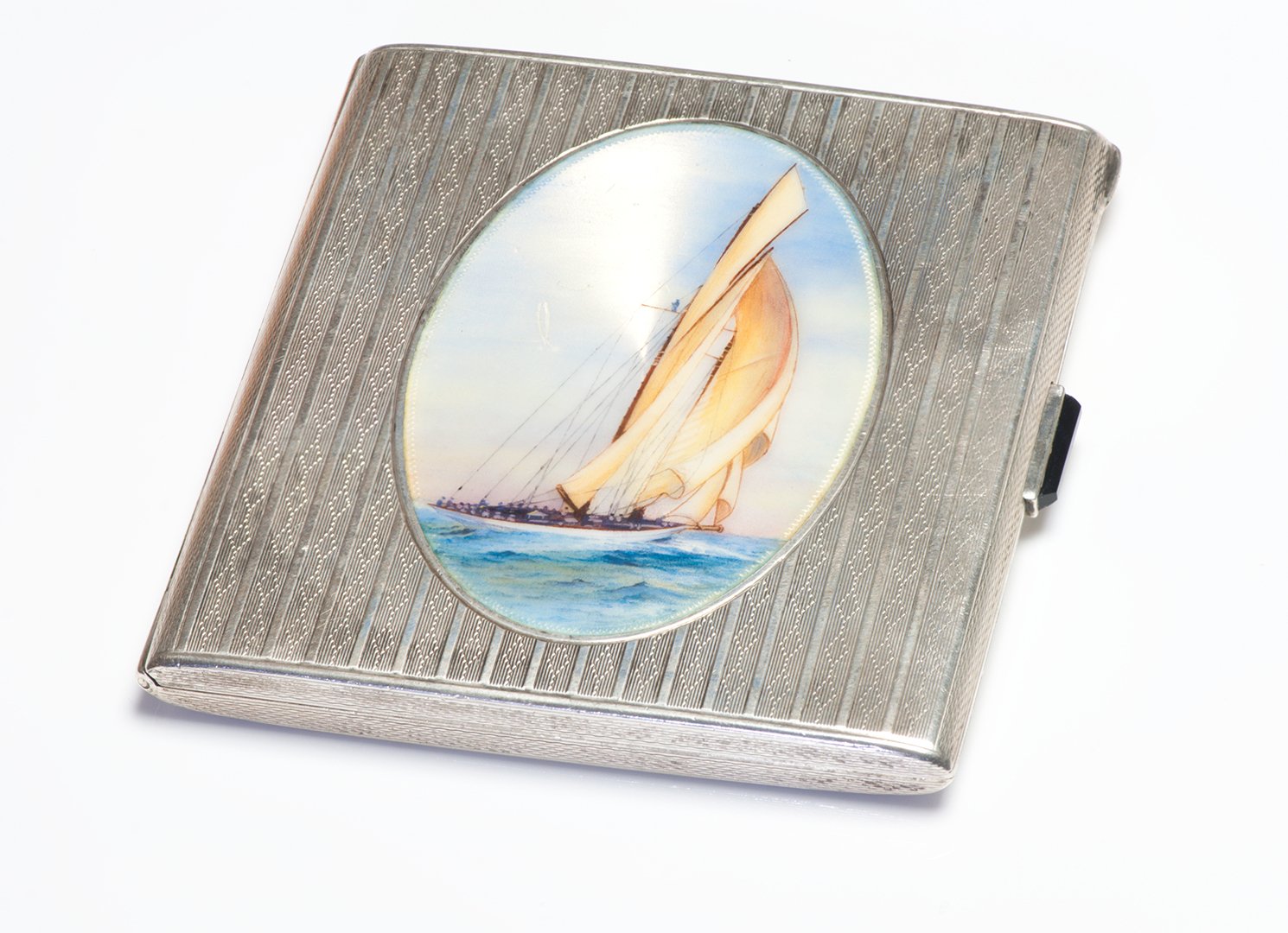 Antique Silver Enamel Sailing Boat Case