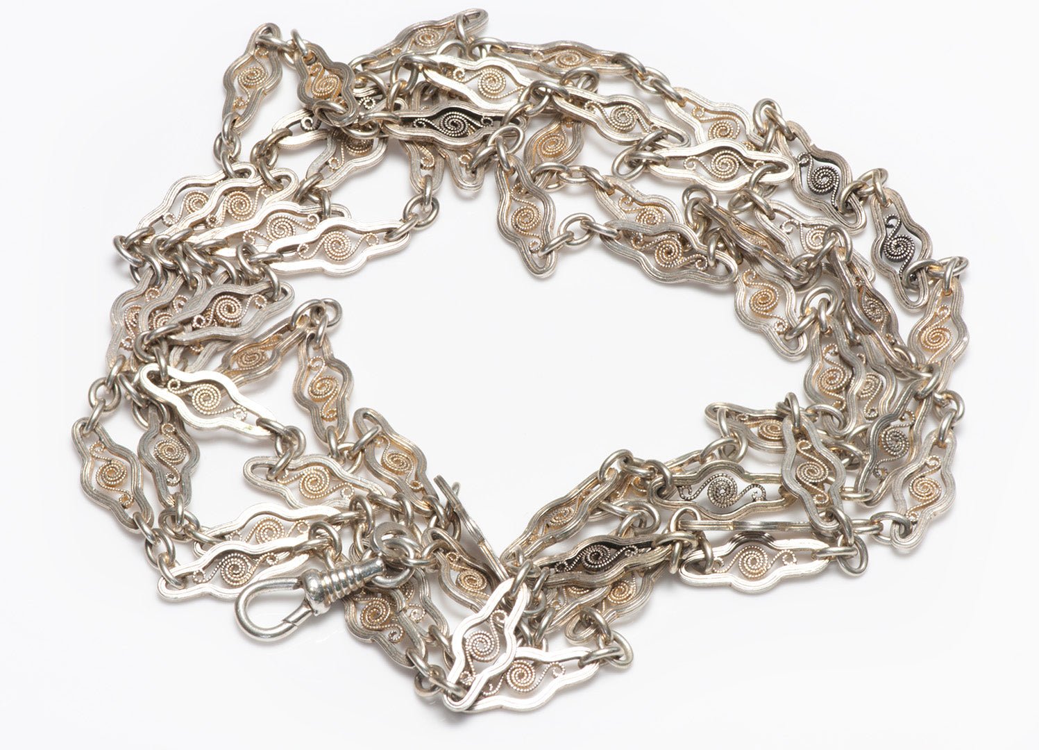 Antique Silver Filigree Long Chain Necklace