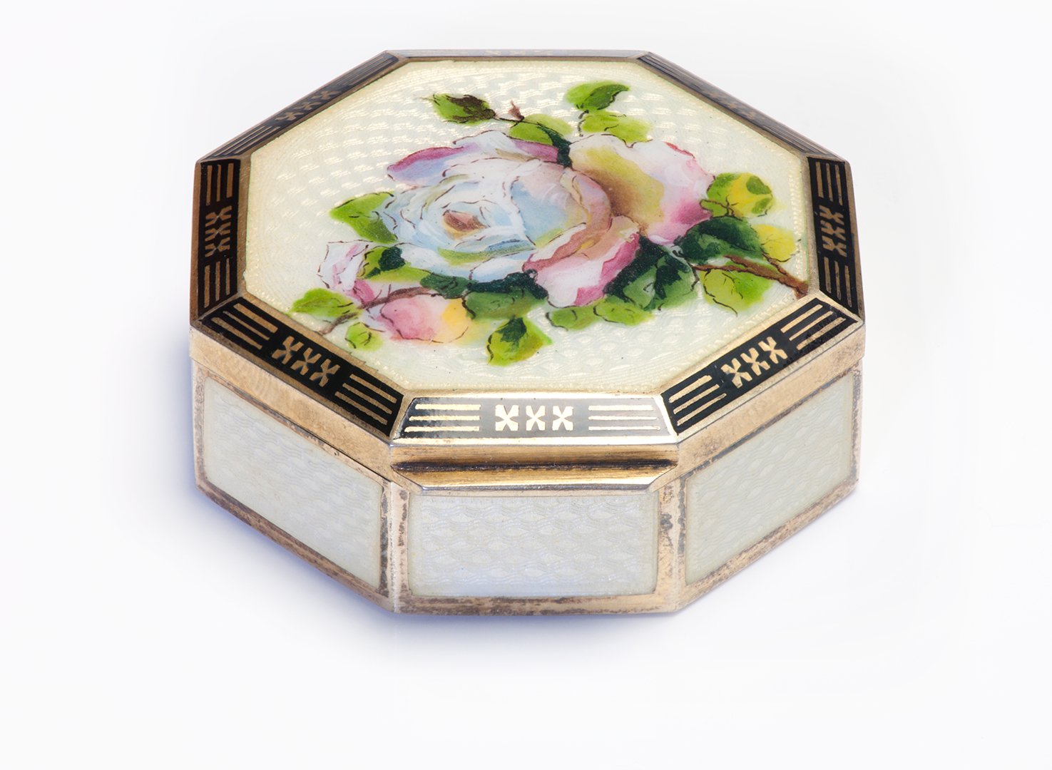 Antique Silver Flower Guilloche Enamel Octagonal Box