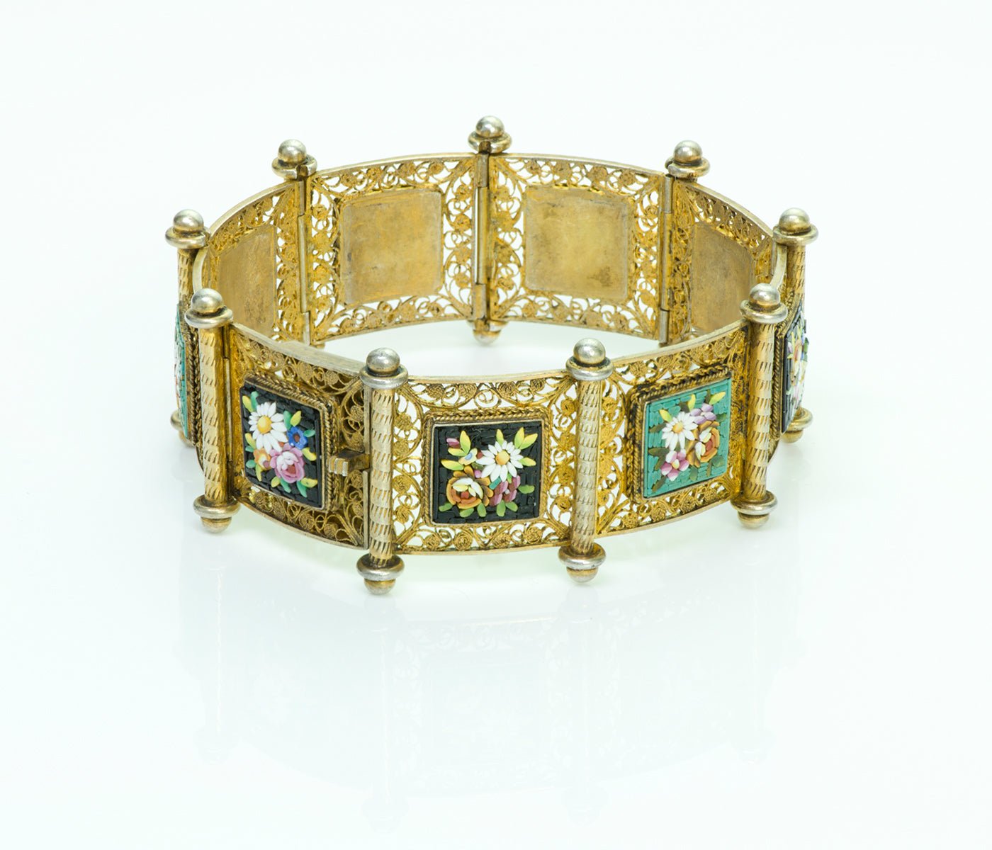 Antique Silver Gilt Filigree Mosaic Flower Bracelet