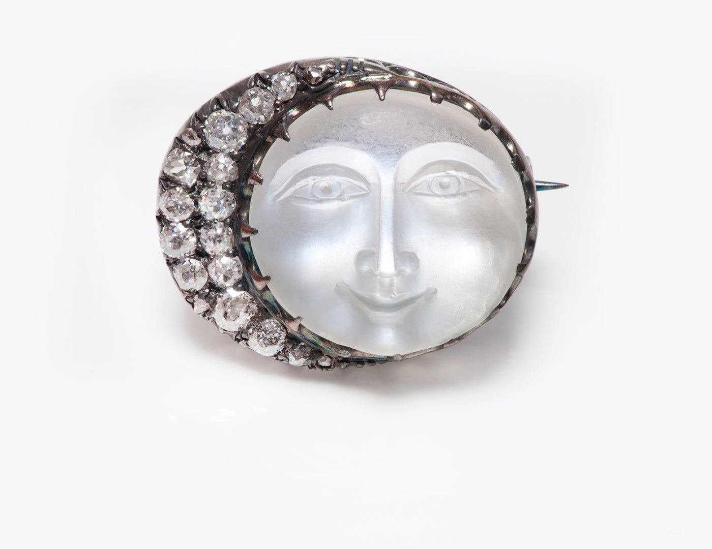Antique Silver & Gold Diamond Carved Moonstone Brooch