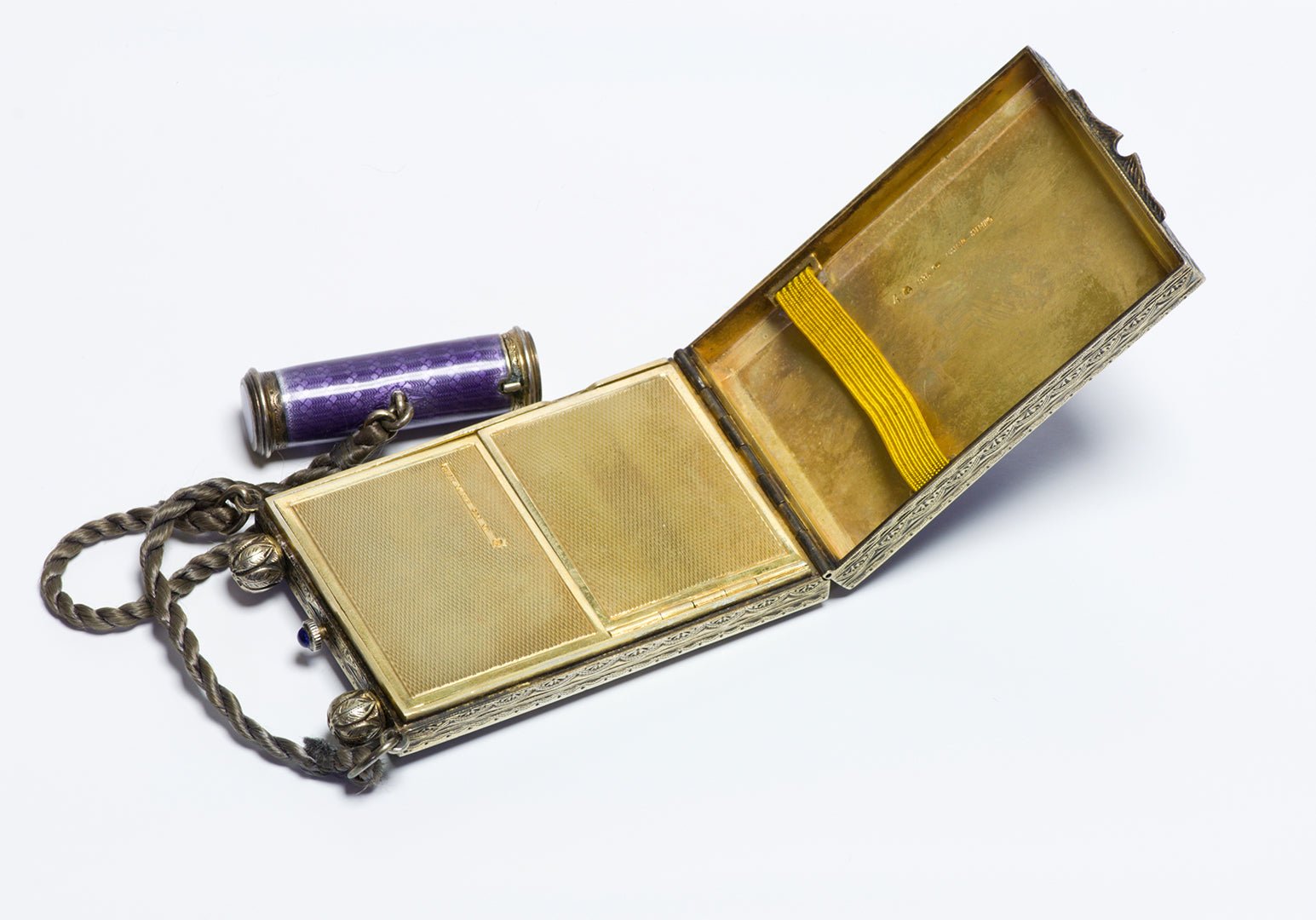 Antique Silver Guilloche Enamel Minaudiere with Watch & Scent Compartment