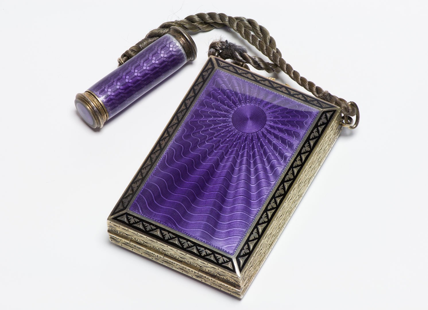 Antique Silver Guilloche Enamel Minaudiere with Watch & Scent Compartment