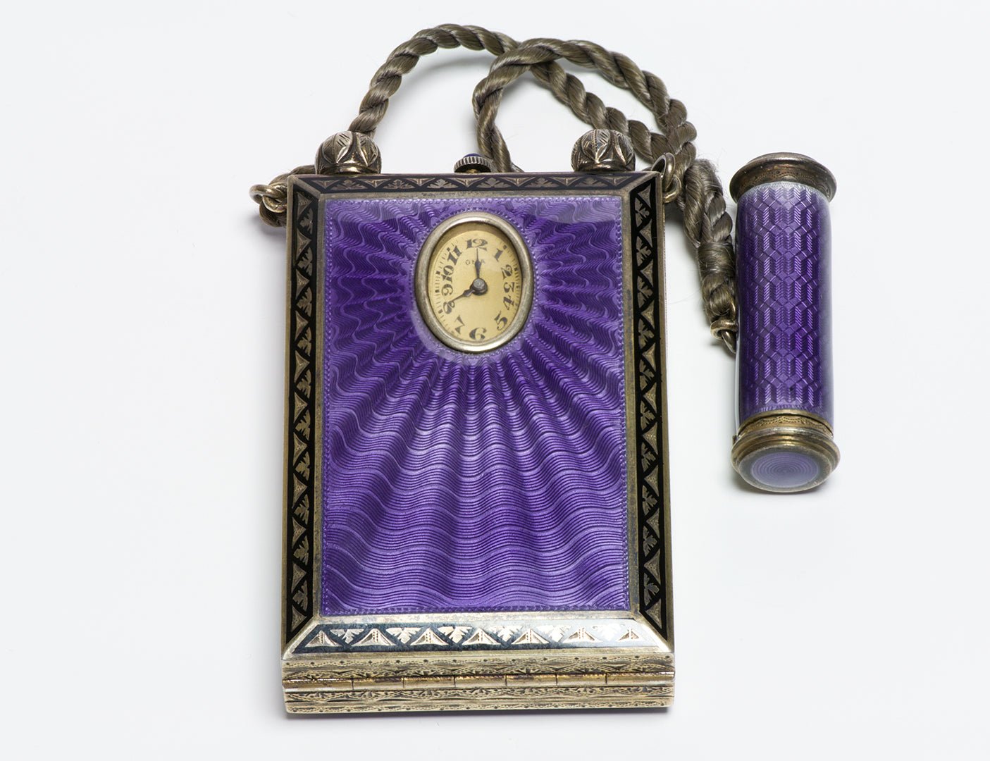 Antique Silver Guilloche Enamel Minaudiere with Watch & Scent Compartment