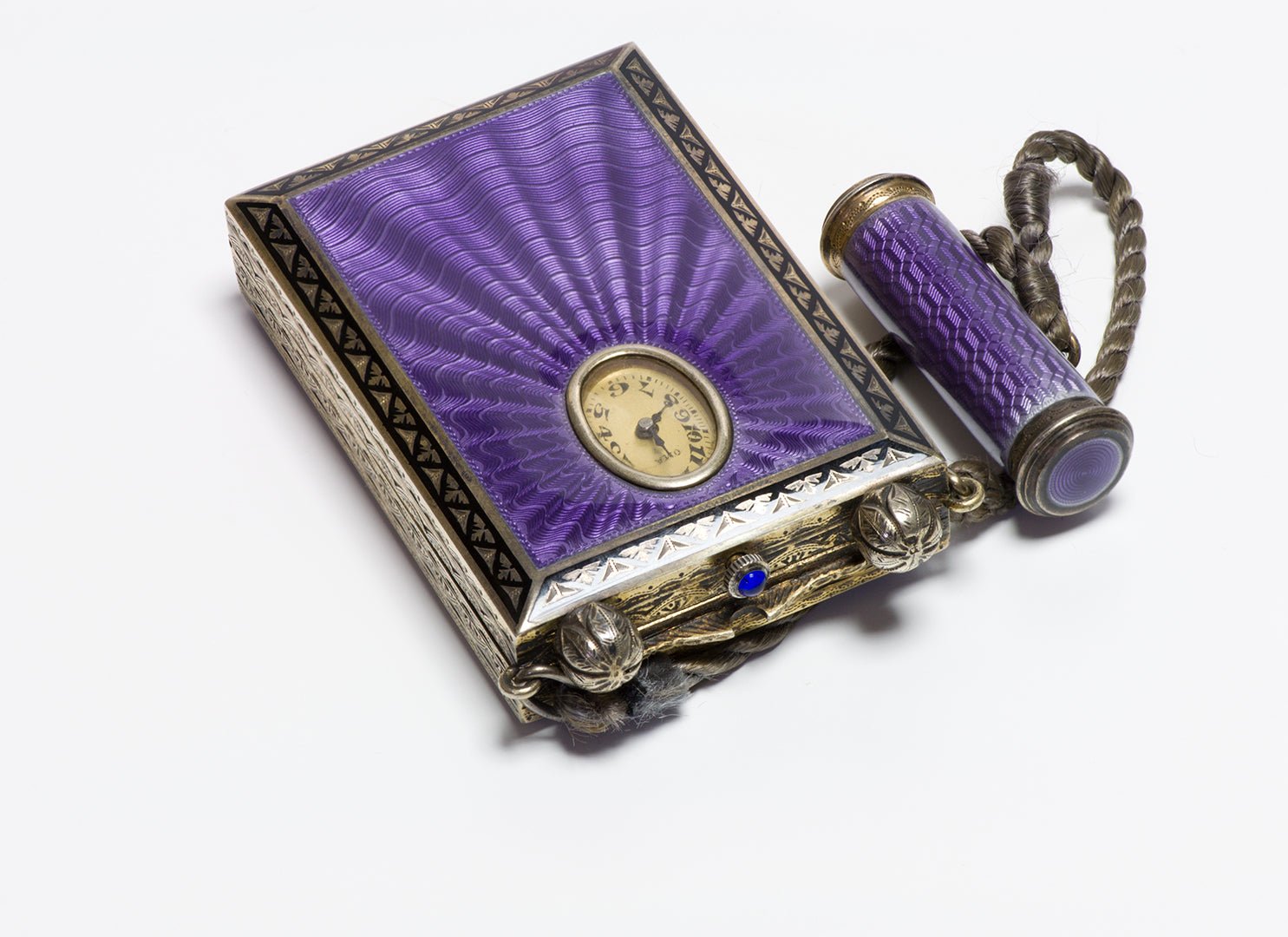 Antique Silver Guilloche Enamel Minaudiere with Watch & Scent Compartment