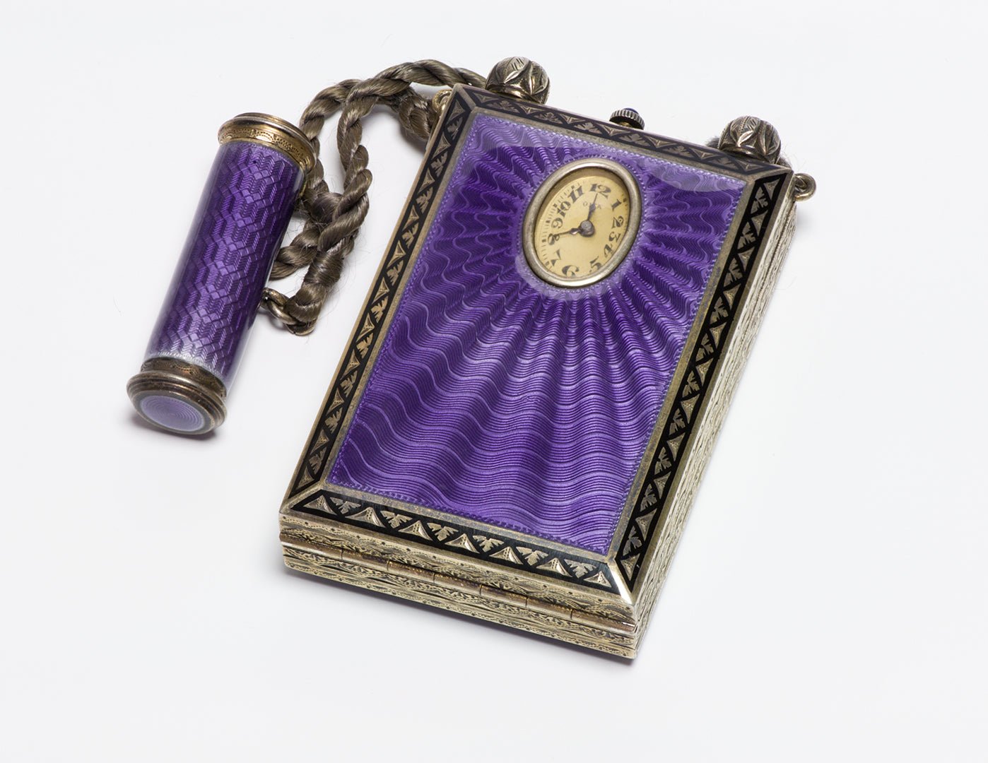 Antique Silver Guilloche Enamel Minaudiere with Watch & Scent Compartment