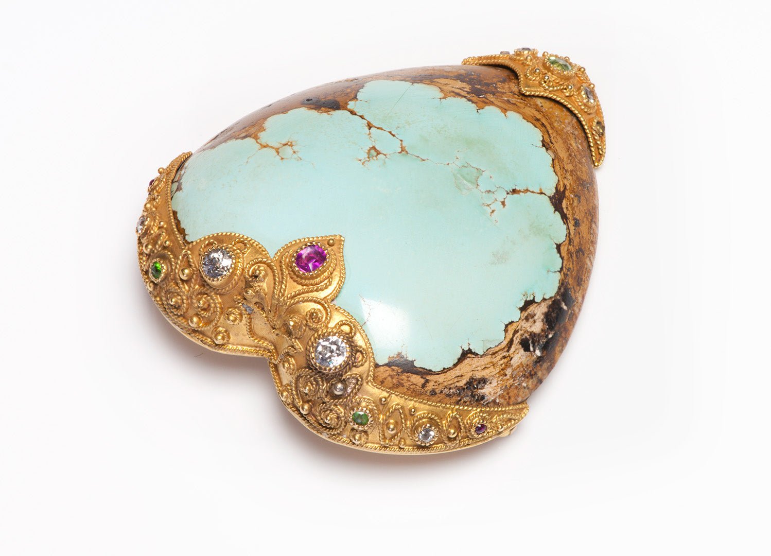 Antique Specimen Turquoise Gold Diamond Ruby Demantoid Heart Brooch