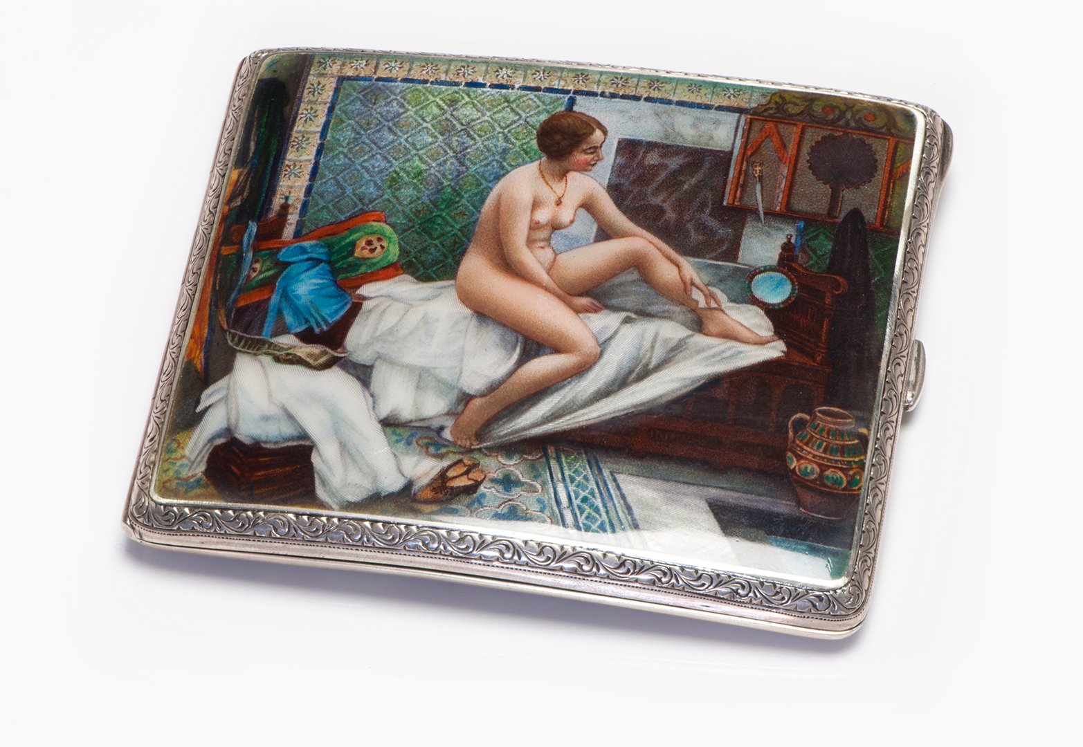 Antique Sterling Silver Enamel Nude Case