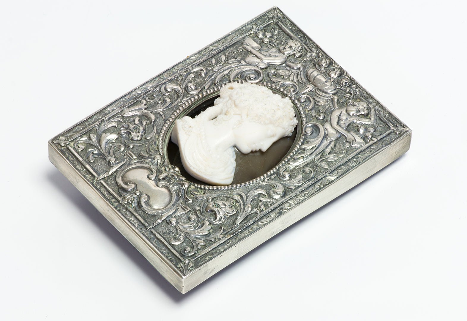 Antique Stone Cameo Set In Ornate Silver Cupid & Griffin Frame